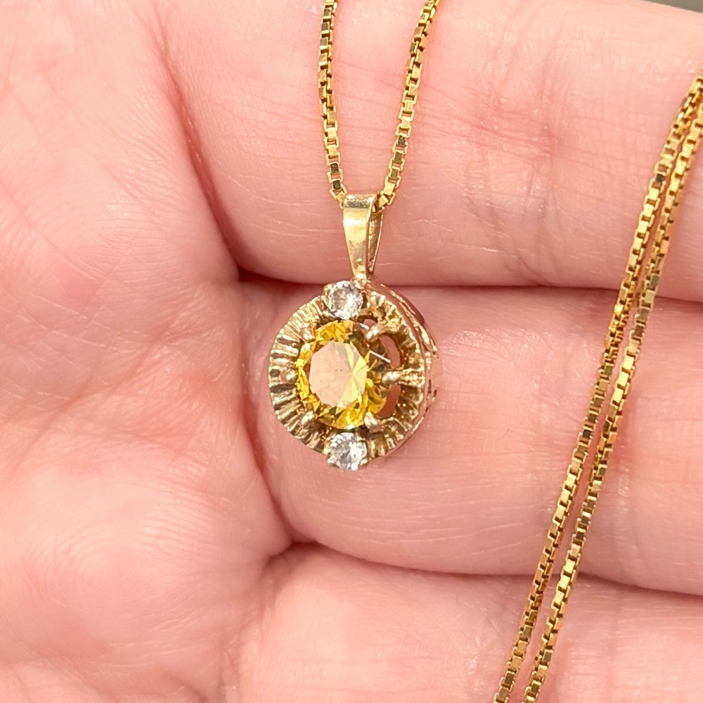 Vintage 10K Yellow Topaz Pendant, Small Petite, CZ Accent, Golden Regal Style - Picture 9 of 15